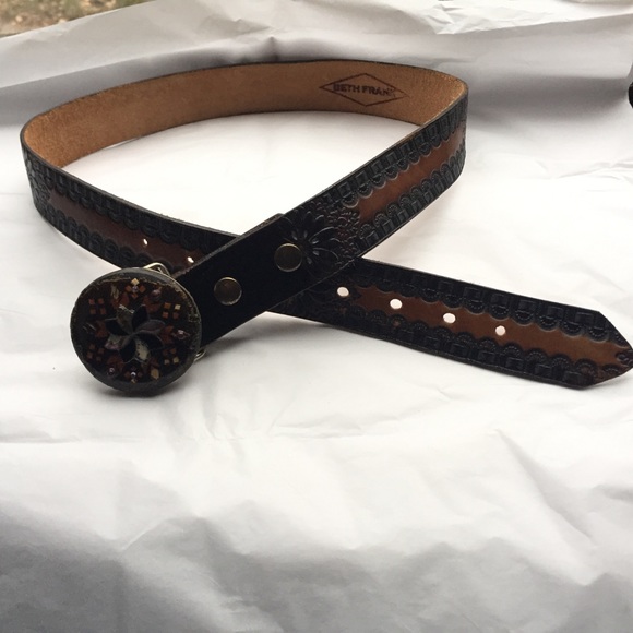 Beth Frank | Accessories | Beth Frank Brown Tooled Leather Belt Inlay ...